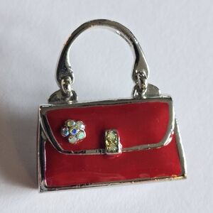 Handbag brooch pin red bag purse silver tone rhinestone